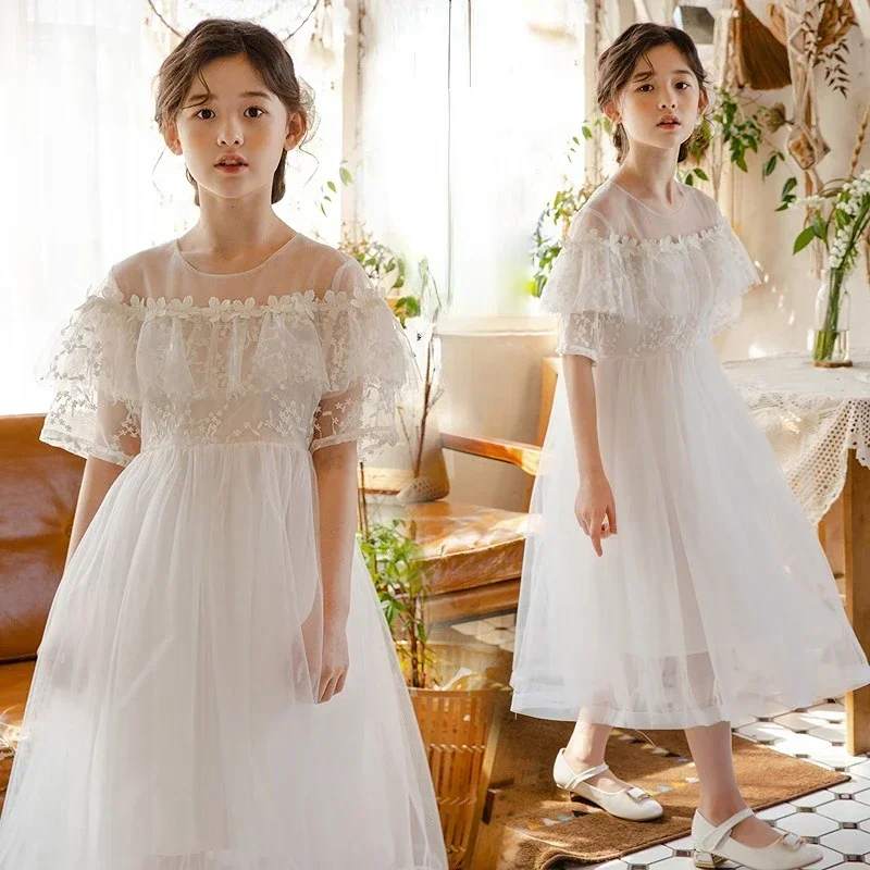 Girls Wedding Dress 2024 Summer New White Mesh Princess Dresses for Children 12 13 Years Short Sleeves Kids Birthday Party Dress