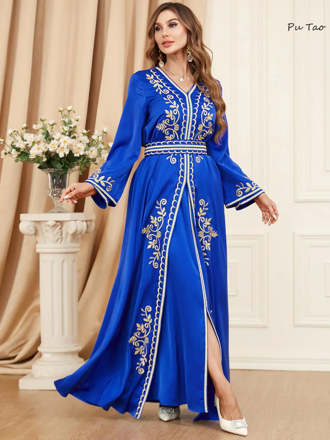 

Autumn Muslim Abaya for Women Maxi Dress A-line Dresses Lace-up Morocco Kaftan Dubai Robe Party Dress 2 Piece Set Saudi Arab