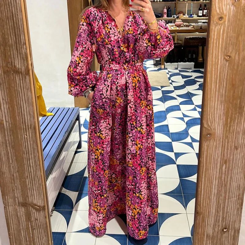 Floral Print High Waisted Women Robe Dress Spring Summer Loose Tie Up Bohemian Dress Fashion V-neck Lantern Sleeve Holiday Dress