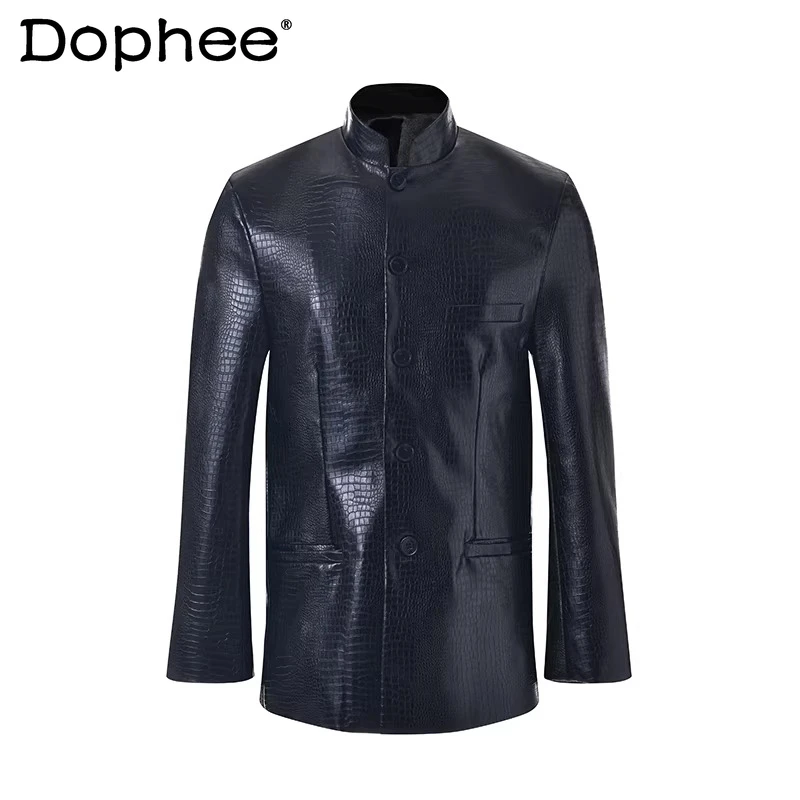 

Men's 2026 Spring New Simple Snake Print Coats Pu Leather Stand Collar Slim Tops Men's Solid Color Trendy Faux Leather Jackets