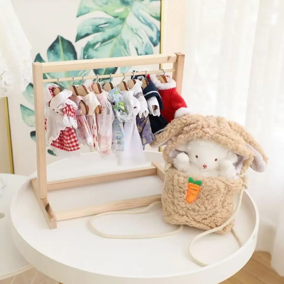 Poppenkledingrek met minihanger Houten poppenkledingstuk Display Organizer Rack Poppenhuiskleding Garderobe voor BJD katoenen pop