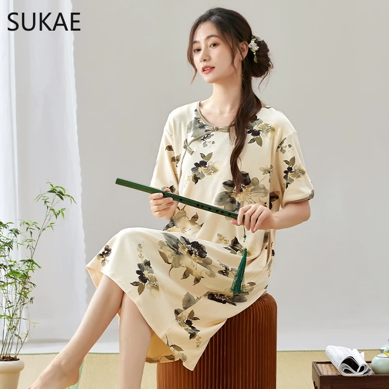 SUKAE Chinese Retro Style Woman Sleepshirt Casual Summer Faux Cotton Lingerie Fashion Nightdress Casual Elegant Women Home Dress