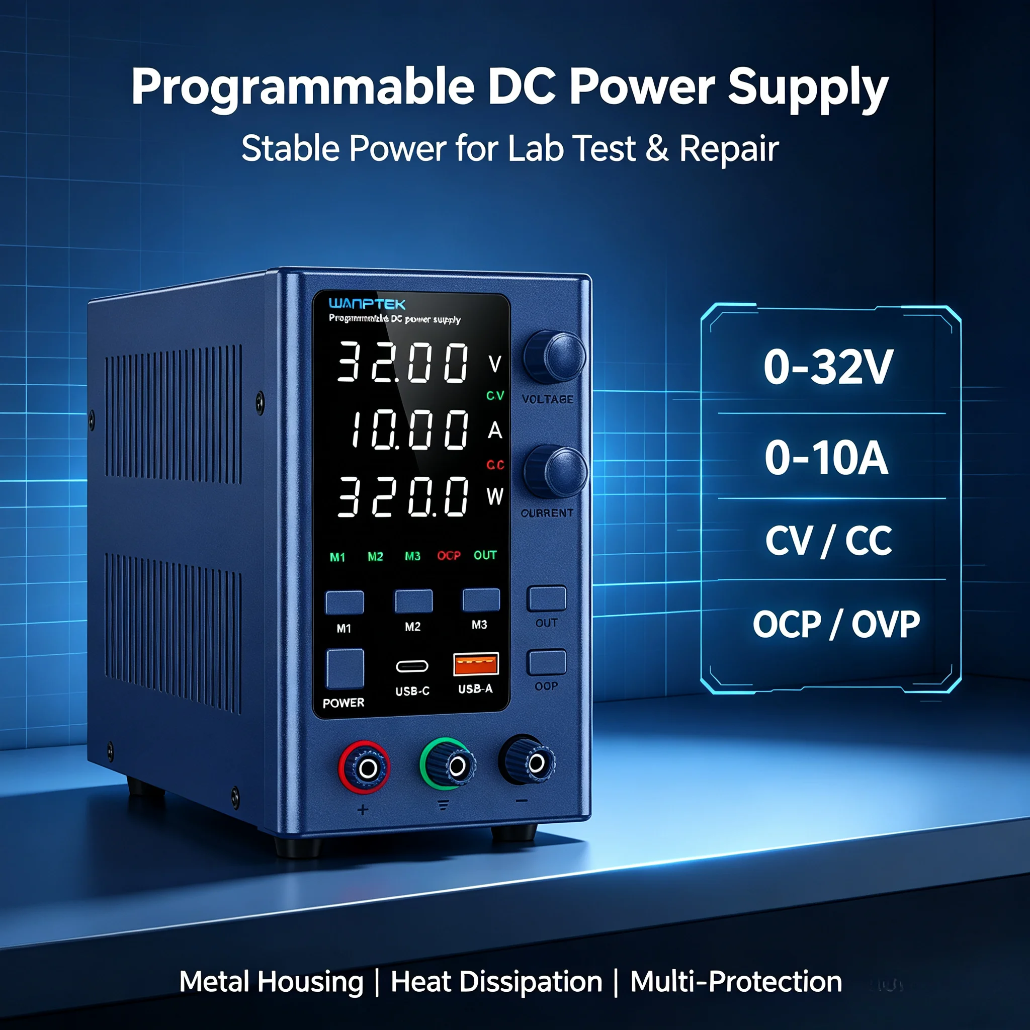 WANPTEK EPS3210 Adjustable DC Bench Power Supply 32V 10A 320W CV‑CC Regulator USB‑C USB‑A for Lab Repair DIY