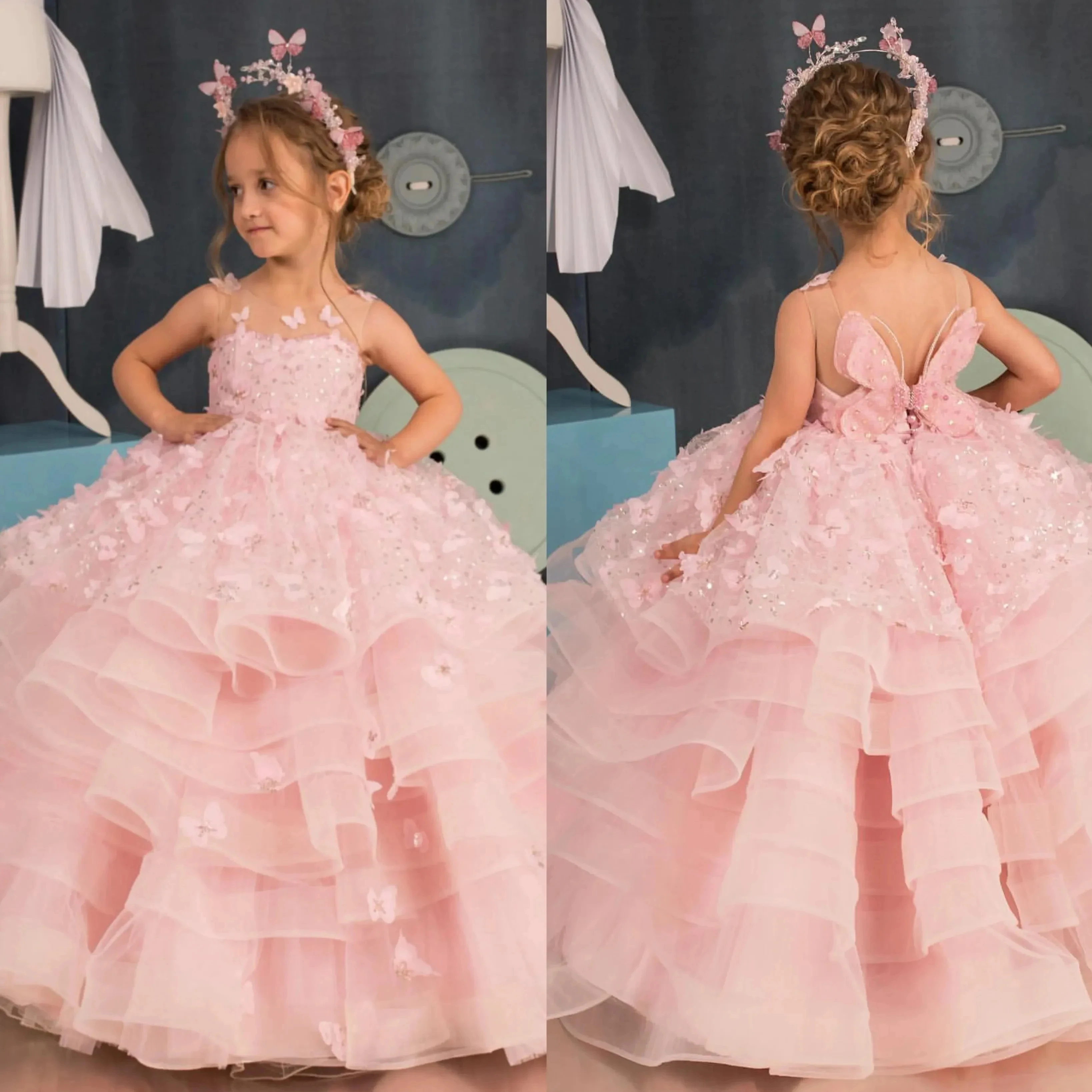 Customized Pink Flower Girl Dress For Wedding Appliques Sleeveless Tiered Floor Length Luxury Kids Birthday First Communion Gown