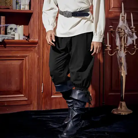 Medieval  Pants Pirate Ankle-banded Lace-up Strap Elastic Waist Pleated Loose Cropped Trousers Cosplay Performance Costume