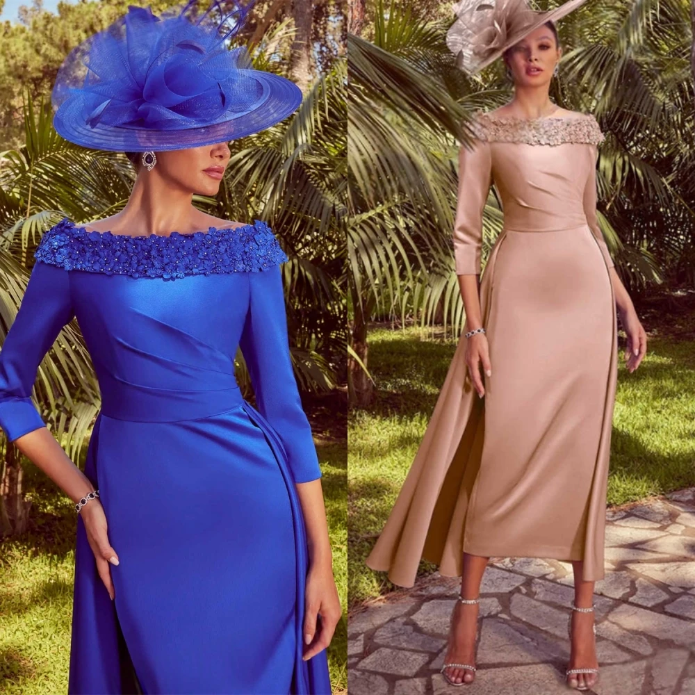 

Customized Delicate Purple Satin Evening Dress Modern Scoop Off the Shoulder 3/4 Sleeves Party Dress Classic Celebrity Gowns