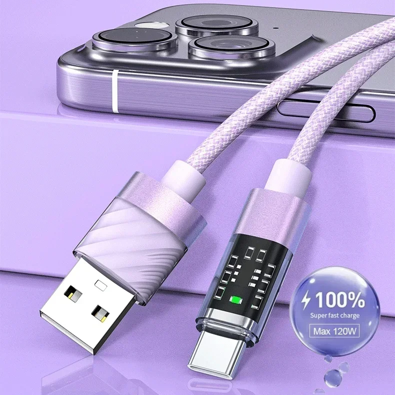 60W Transparent Head USB C Fast Charge Cable USB A to Type C Nylon Braided Data Cord For iPhone 15 Pro Max Xiaomi Poco Samsung