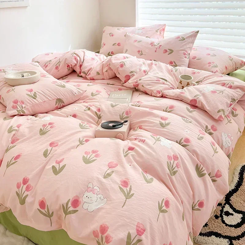 Class A Double Layer Yarn Four Piece Bedding Set Cartoon Cute Bed Sheet Quilt Set Fitted Sheet Cotton Linen Four Piece Set