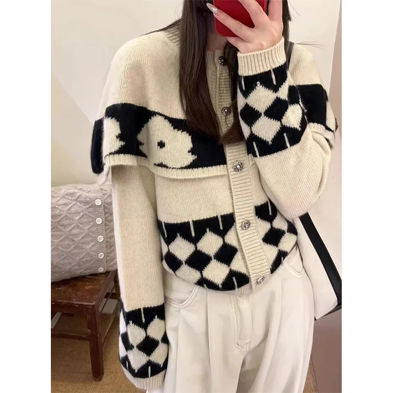 Vintage Cape Knitted Cardigan Women Argyle Jacquard Knit Casual Sweater Fall Winter Retro Loose Single Breasted Female Coat Tops view 5