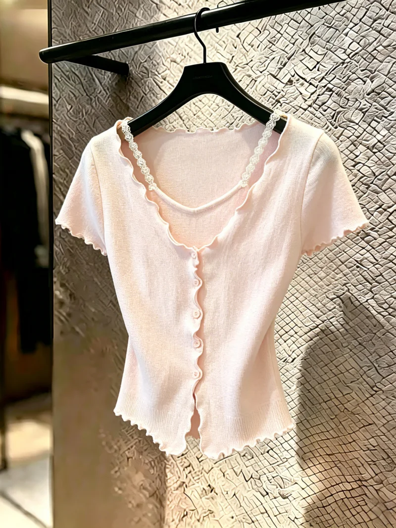 Sweet Versatile Short Sleeve Knitted Top Women's Summer New Style Self-kept Edition Wooden Bordered Fashionable Top