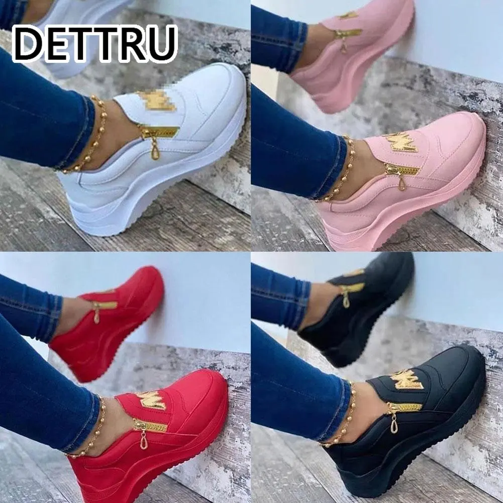 DETTRU Women Sport Shoes Thick Bottom Solid Color Ladies Vulcanized Sneakers Ladies Fashion PU Shoes Ladies Zipper Sneakers