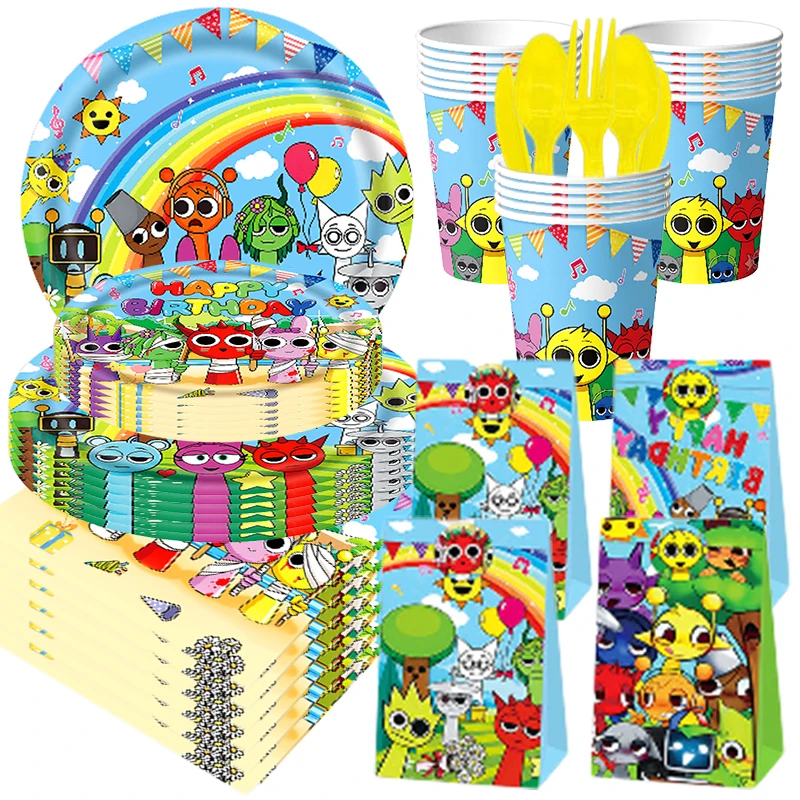 Sprunki Decorazione per feste di compleanno Set di stoviglie Toppers per torte Sfondo Banner appeso Sacchetti regalo per bambini Forniture per eventi per feste