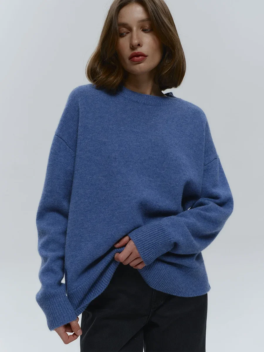 Women's O-Neck Oversized Sweater Autumn Winter Thick Warm Loose Simple Solid Color Knitted Pullover Casual Jumper Top