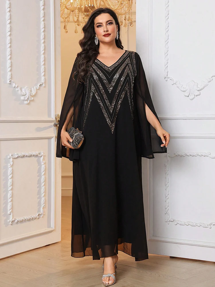 TOLEEN Plus Size Schwarz Pailletten Elegantes Maxi Abaya Kleid Für Frauen 2024 Neue Luxus Elegante Arabische Formale Party Abendkleider