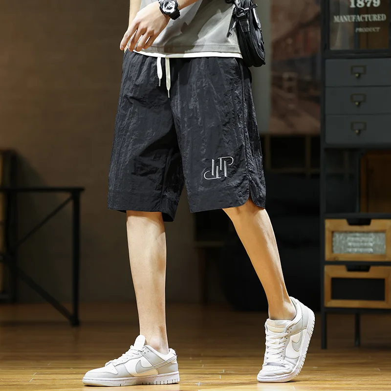 Summer Casual Loose Drawstring Casual Shorts Chic Letter Embroidery Men's Clothing Basic Straight Mid Waist Elastic Knee Pants