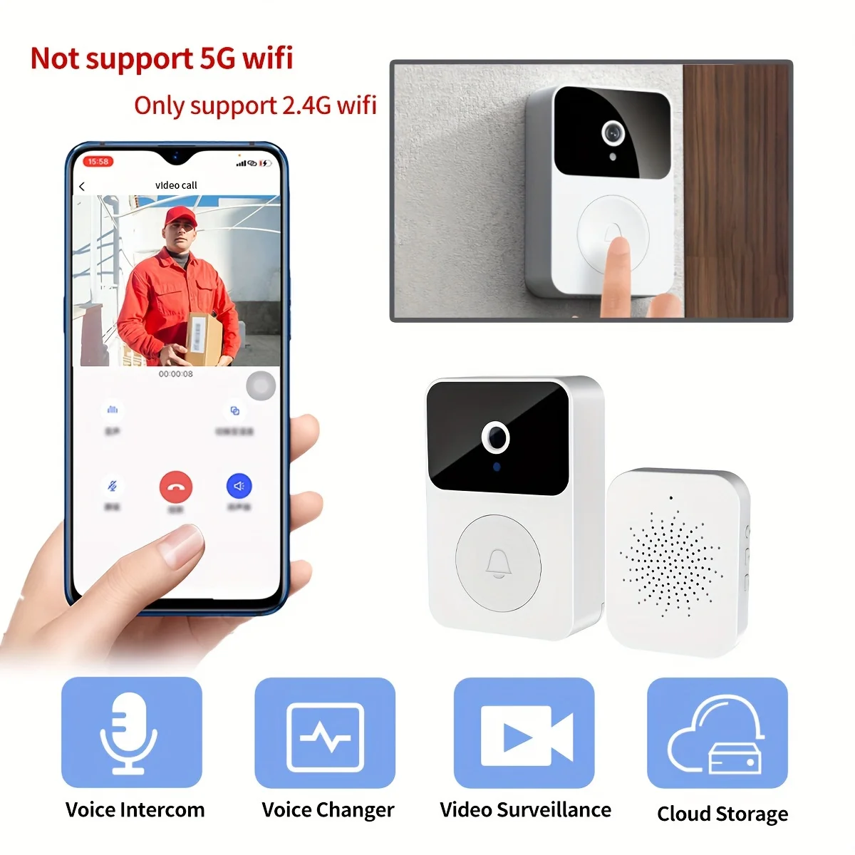 1pc Doorbell Camera Wireless Intelligent Intercom WiFi Rechargeable APP Control Voice Change Function Build-in Battery