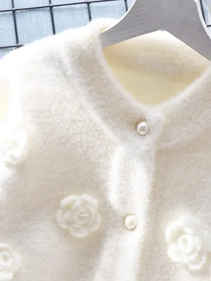 Pele de vison 3d flor camisola feminina solta manga comprida único breasted primavera novo coreano o-pescoço malha cardigan