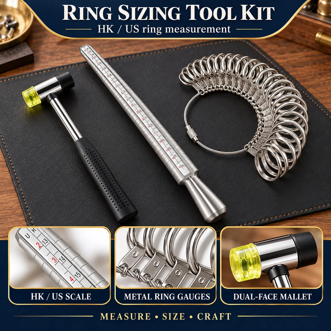 HK US Size Alloy Ring Sizer Set with Metal Ring Mandrel and US Ring Gauge - Durable Accurate Jewelry Finger Measuring Tool Kit