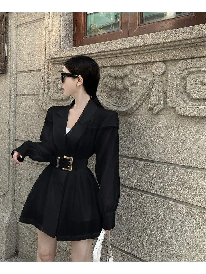 Shirt Women Korean White Breathable Mesh Coat Patchwork Loose Belt Thin Suit Jacket Female Spring Summer Long Sleeve Tops