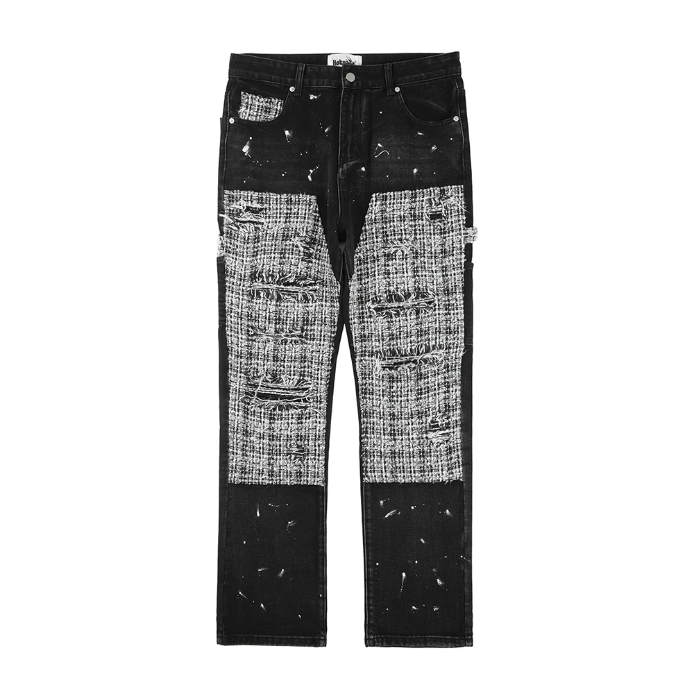 

High Street Patchwork Hole Distressed Painted Jeans Pants for Men Straight Y2K Baggy Casual Cargos Oversized Denim Trousers