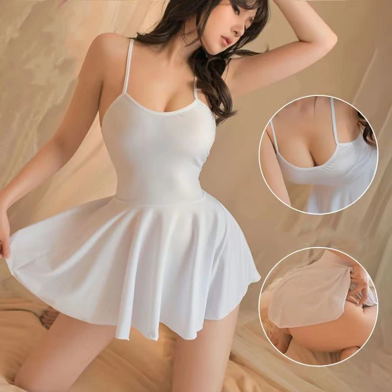 Hot Ladies Sexy Short Skirt Buttock Opening Erotic Costume Solid Color Suspenders Nightdress One-piece Babydoll Porn Lingerie