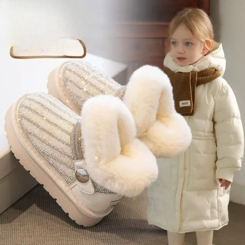 

2025 зимние детские модные зимние сапоги, толстые детские теплые плюшевые ботинки из натуральной кожи с мягкой подошвой для девочек, зимние ботинки