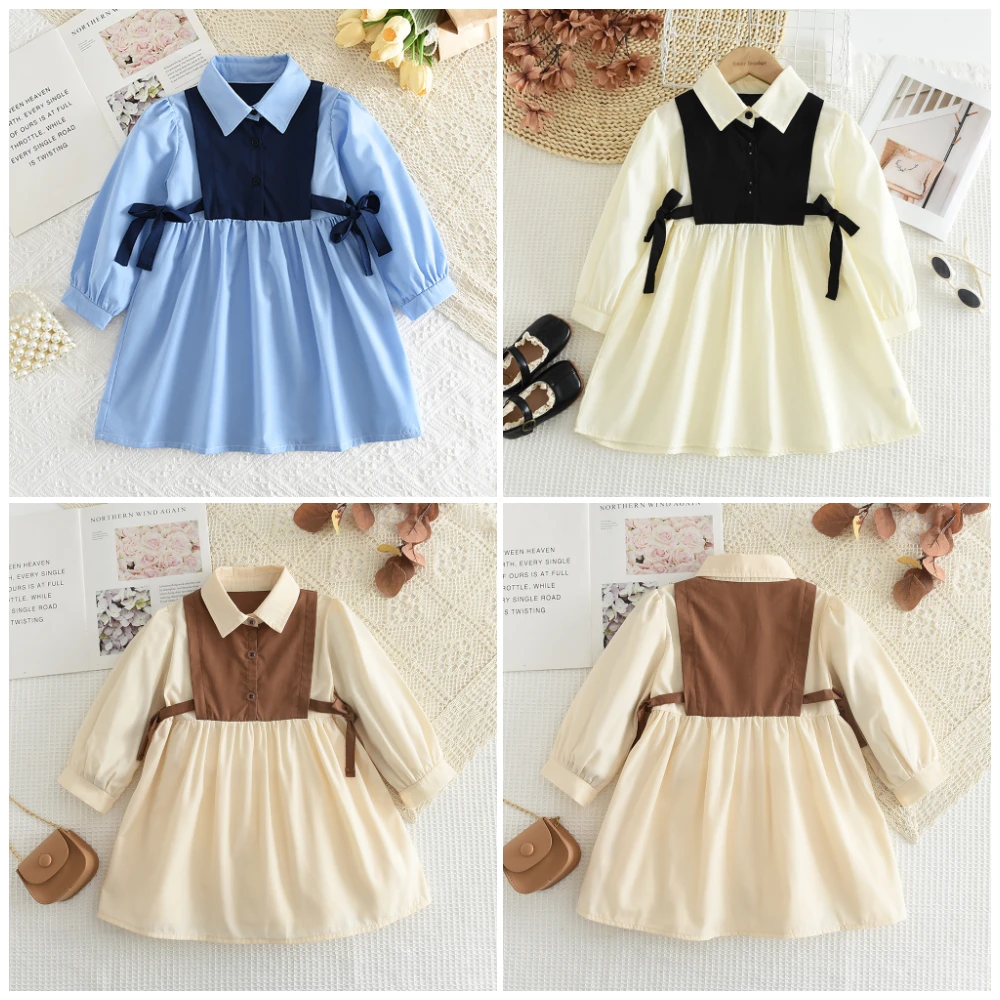 Autumn New Style Lapel Long Sleeved Color Blocked Casual Girls' Dress Children's Clothes for 3-7 Years Old Korean Version