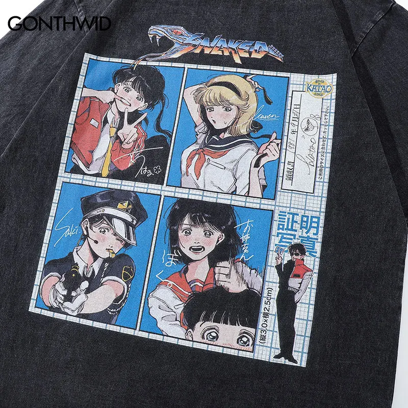 Vintage Oversized T-Shirt Japanese Kanji Comics Girl Cartoon Graphic Print Washed Tshirt Streetwear Hip Hop Harajuku Fashion Top