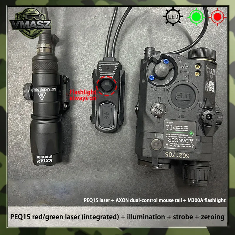 Taktische Airsoft PEQ-15 PEQ15 Rot-Grün-Laser-Indikator LED-Stroboskop-Taschenlampe Scout Light Kompatibel mit M300A M600C für Airsoft