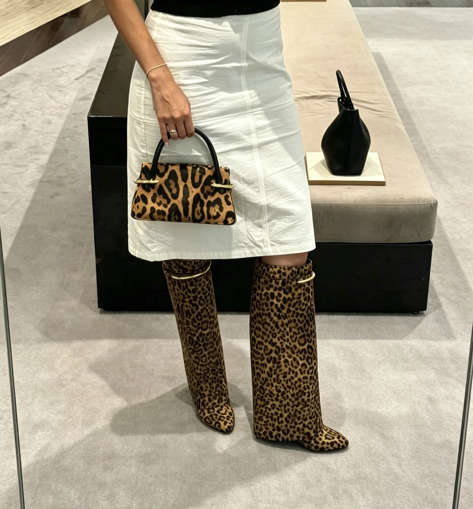 New Autumn/Winter Women's Leopard Print Fold Over Knee High Boots Gold Buckle Wedge Heel Pointed Toe Fashion Street Long Boots