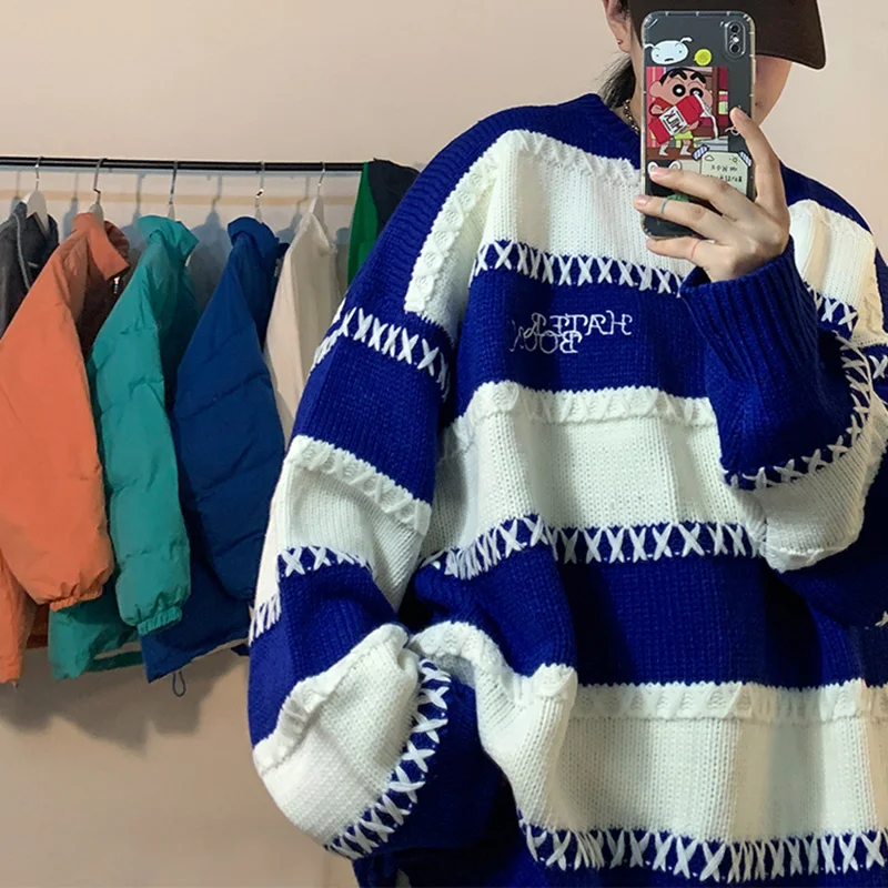 

Klein Blue Sweater men's design sense niche lazy wind couple Sweater autumn winter oversize STRIPE TOP men sweaters coat 2022