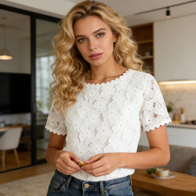 

Short Sleeve Lace Blouse New Fashion Summer Women's Tops Sweet Flower Casual O-neck Women's Clothing White Women Shirt Blusas