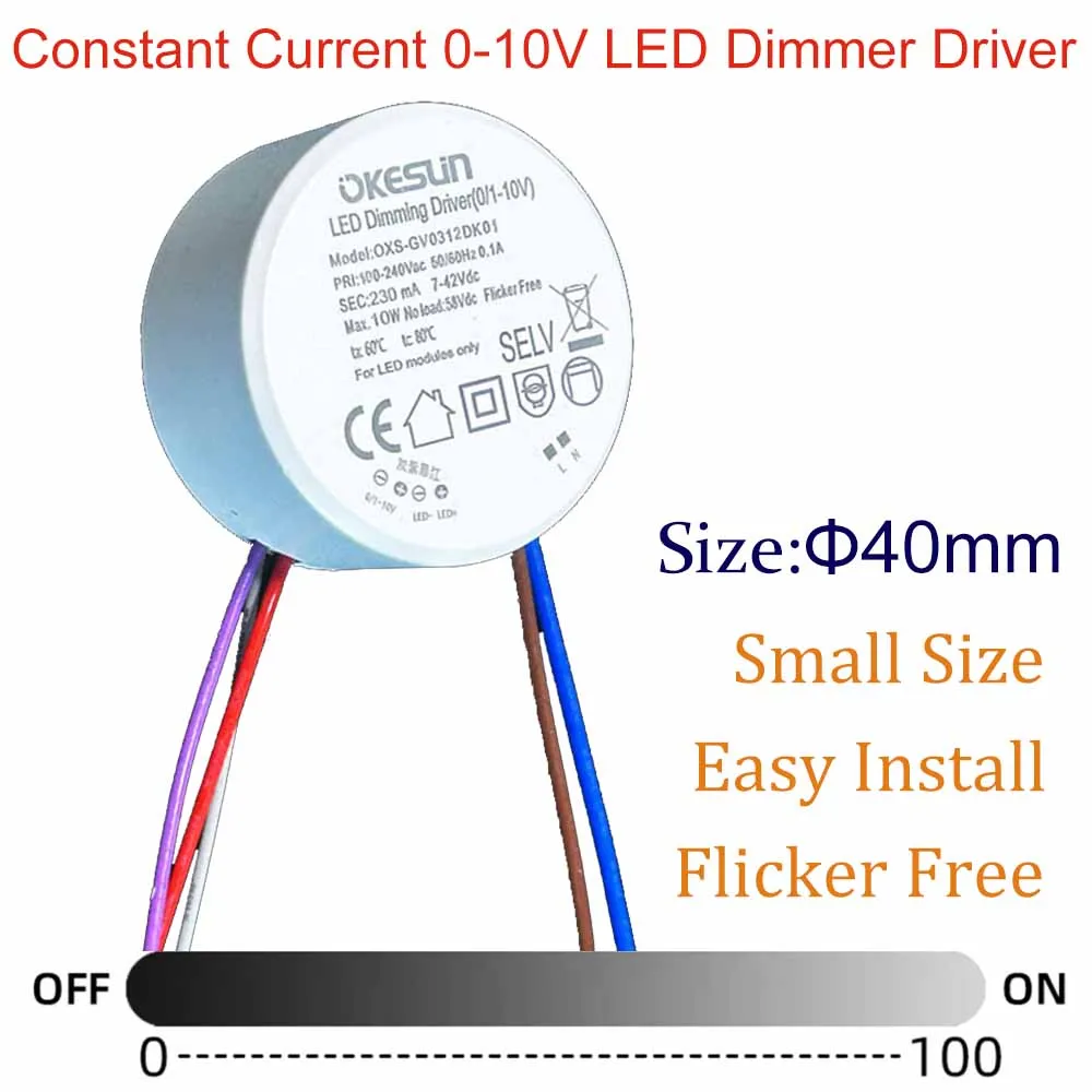 Output 9-42V Round 0-10V Led Dimming Driver 250mA Flicker Free Glue Fill Track Light Downlight Built-In Supply Constant Current