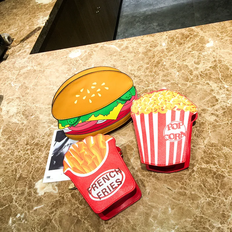 Bolso de hombro creativo para mujer y niña, bolsa cruzada con cadena y cremallera, de cuero PU, con estampado de hamburguesa, palomitas de maíz y patatas fritas