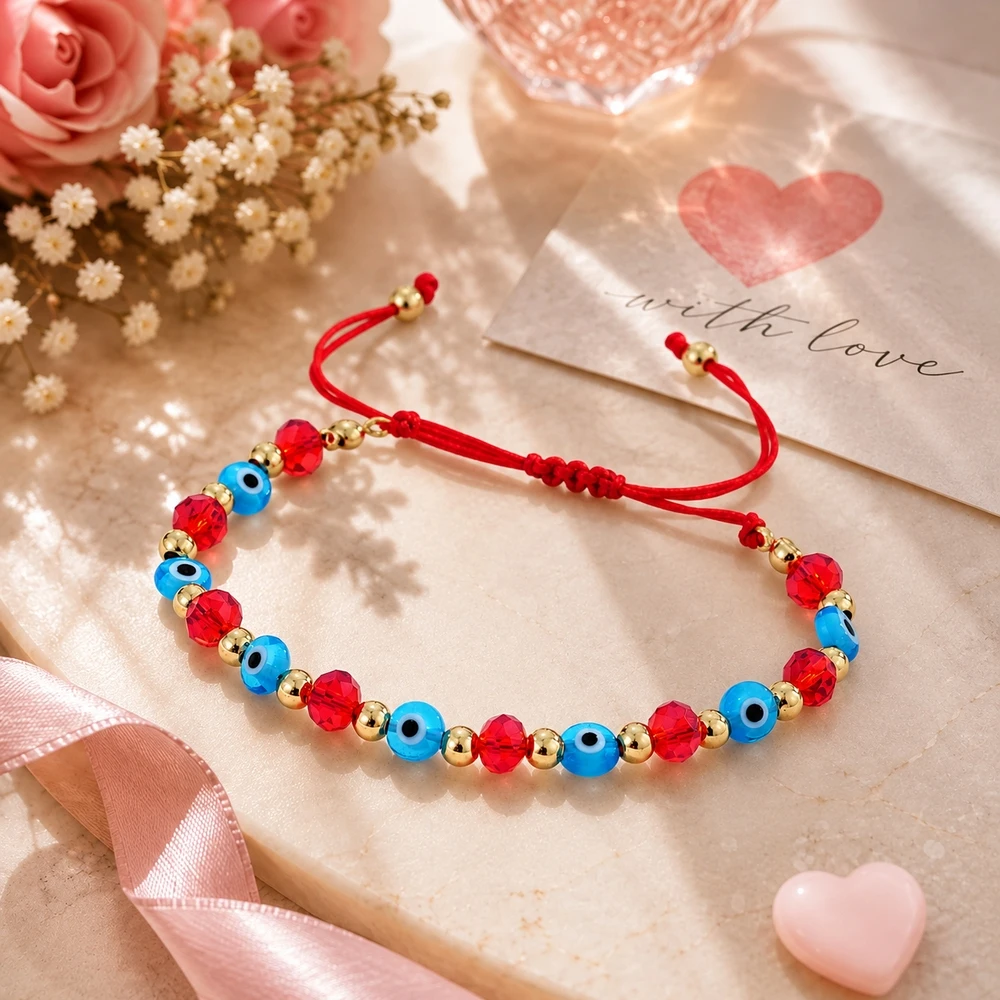 1pc Bohemian Red Cord Adjustable Beaded Bracelet with Blue Evil Eye Beads Red Faceted Beads and Golden Round Beads