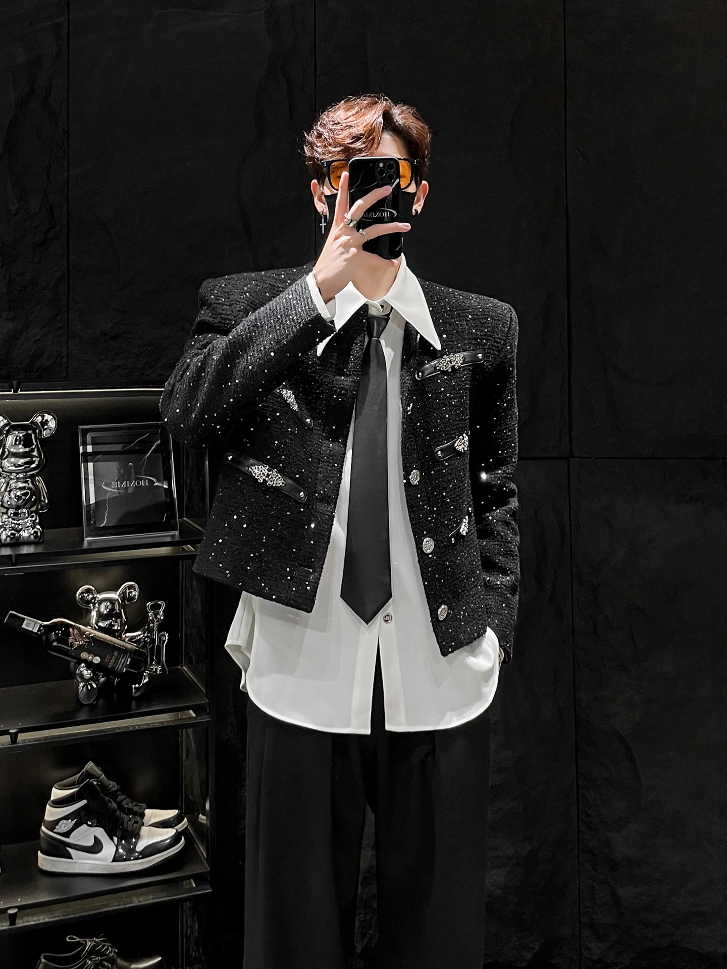 

ortened HOMME Design Sense Splicing Leather Sequin Outerwear Men's Korean Sle Thiened Woolen oulder Padded Jaet Trendy