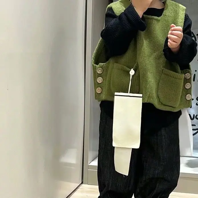 

Childrens Spring Autumn Knit Vest 2025 New Korean Fashionable Boys Girls Solid Color Green Round Neck Knitted Wasitcoat