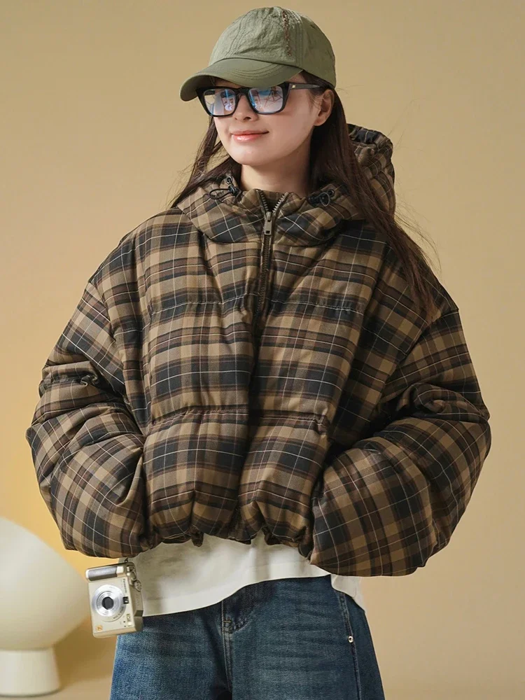 Streetwear Retro Plaid Hooded Women's Down Coats 2025 New Fluffy Warm White Duck Down Jacket Winter Short Puffer Jackets