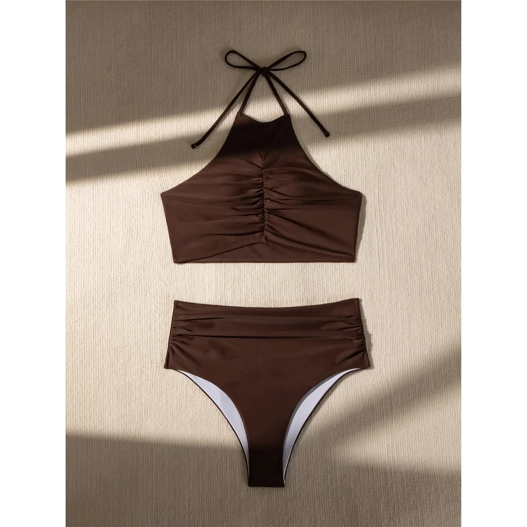 Halter Neckholder-Bikini mit Falten, hoher Halsausschnitt, Damen-Badeanzug, Bikini mit hoher Taille, zweiteiliges Bikini-Set, Badebekleidung, Badeanzug, Modell V5616 – Detail 13