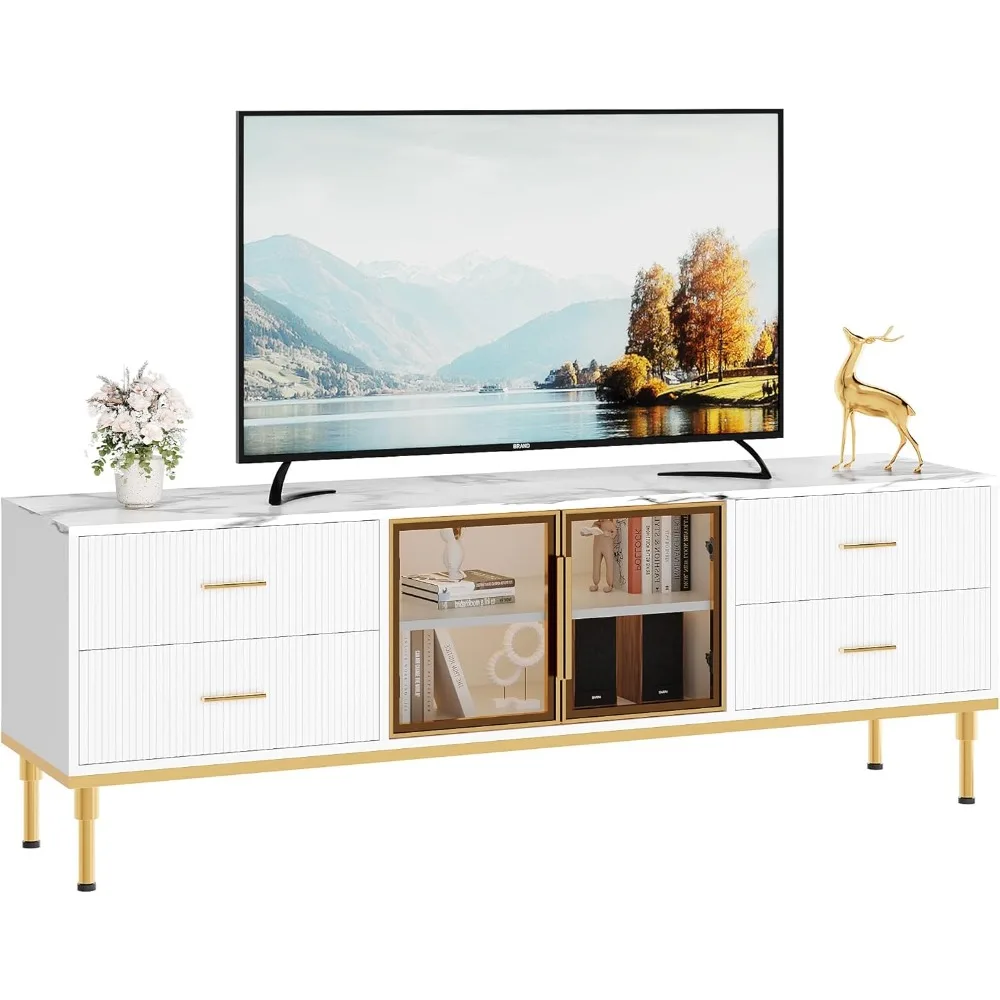 

65 Inch TV Stand with LED Lights, Modern Entertainment Center with 4 Drawers & Shelves & Glass Doors, TV Console Table