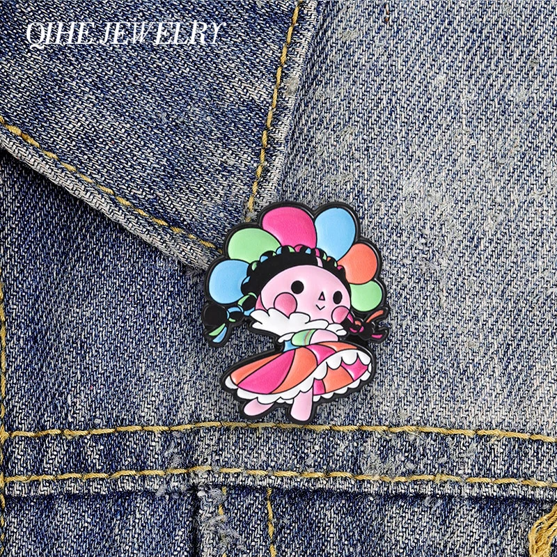 Mexican Lele Doll Brooch Enamel Pin Cute Dancing Pose Doll With Floral Crown And Rainbow Skirt Brooch Bags Lapel Badge Jewelry