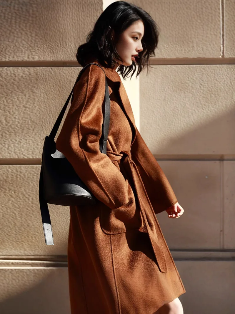 Winter Coat Women Long Water Ripple Cashmere Coat Casual Fashion Loose Camel Wool Coat Black Caramel Tie Coat Green Coat XL