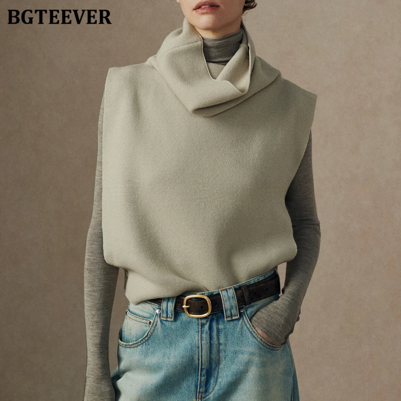 BGTEEVER Autumn Winter Stylish Women Turtleneck Vests Elegant Loose Sleeveless  Knitted Sweaters Jumpers Female