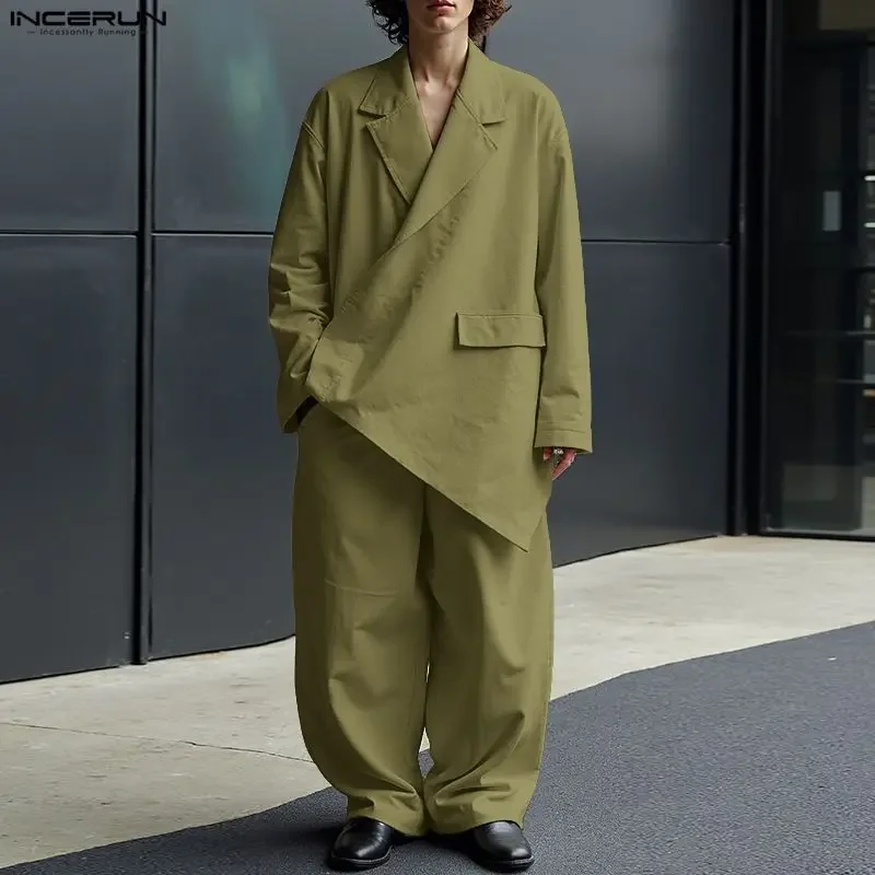 

INCERUN Мужские комплекты Однотонный пиджак с длинными рукавами и брюками с лацканами Комплекты из двух предметов Уличная одежда Свободные модные мужские повседневные костюмы S-5XL