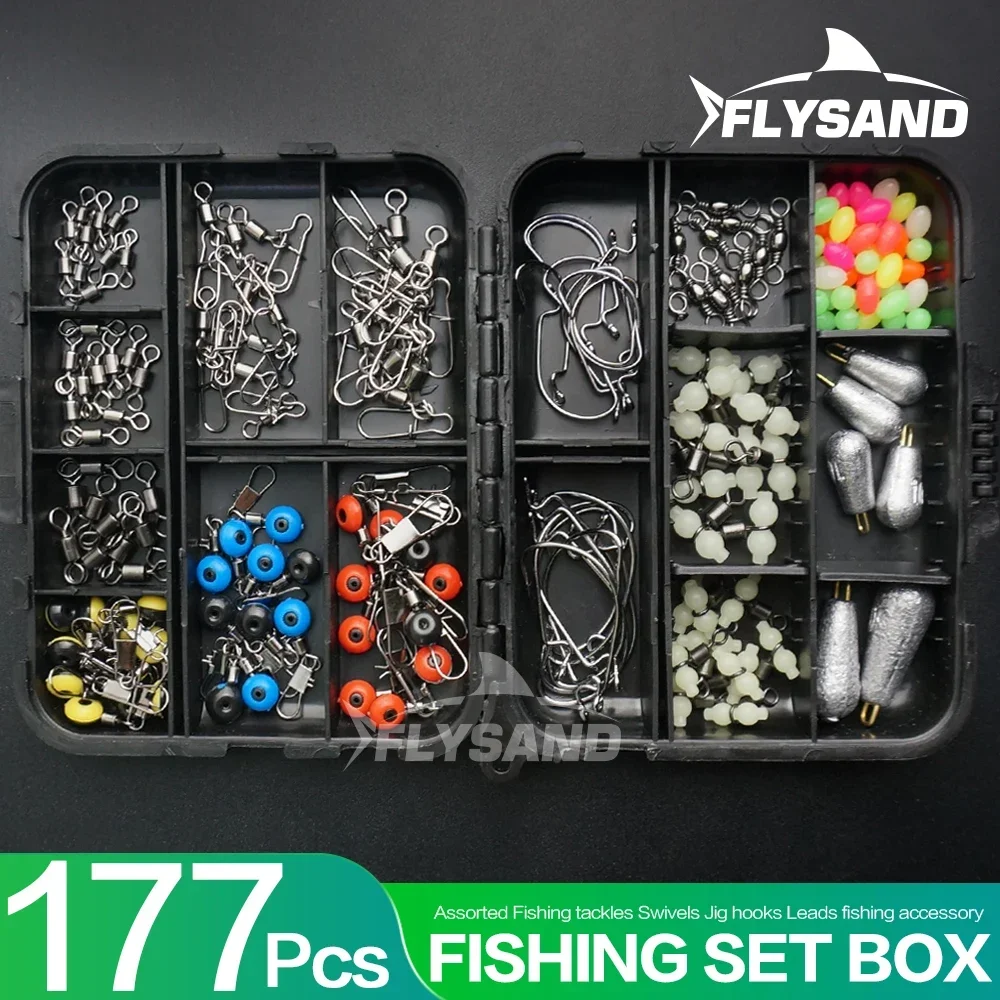 FLYSAND Fishing Kit 177Pcs Tackle Box Hooks Sinkers Swivels Luminous Beads Lightweight Storage