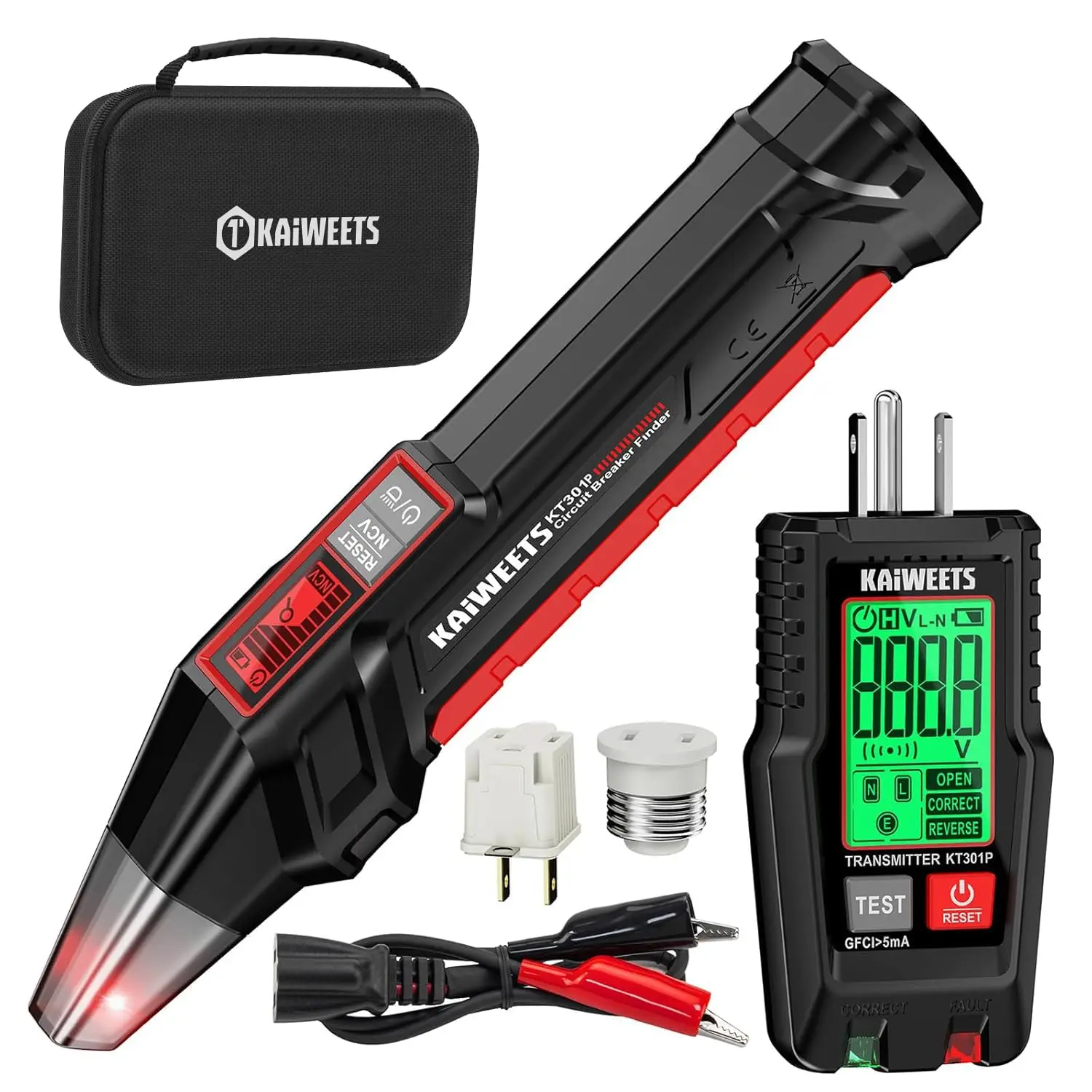 

LCD Display Circuit Breaker Finder with GFCI Tester, Voltage Detector & Flashlight, Includes Carrying Case and Adapters