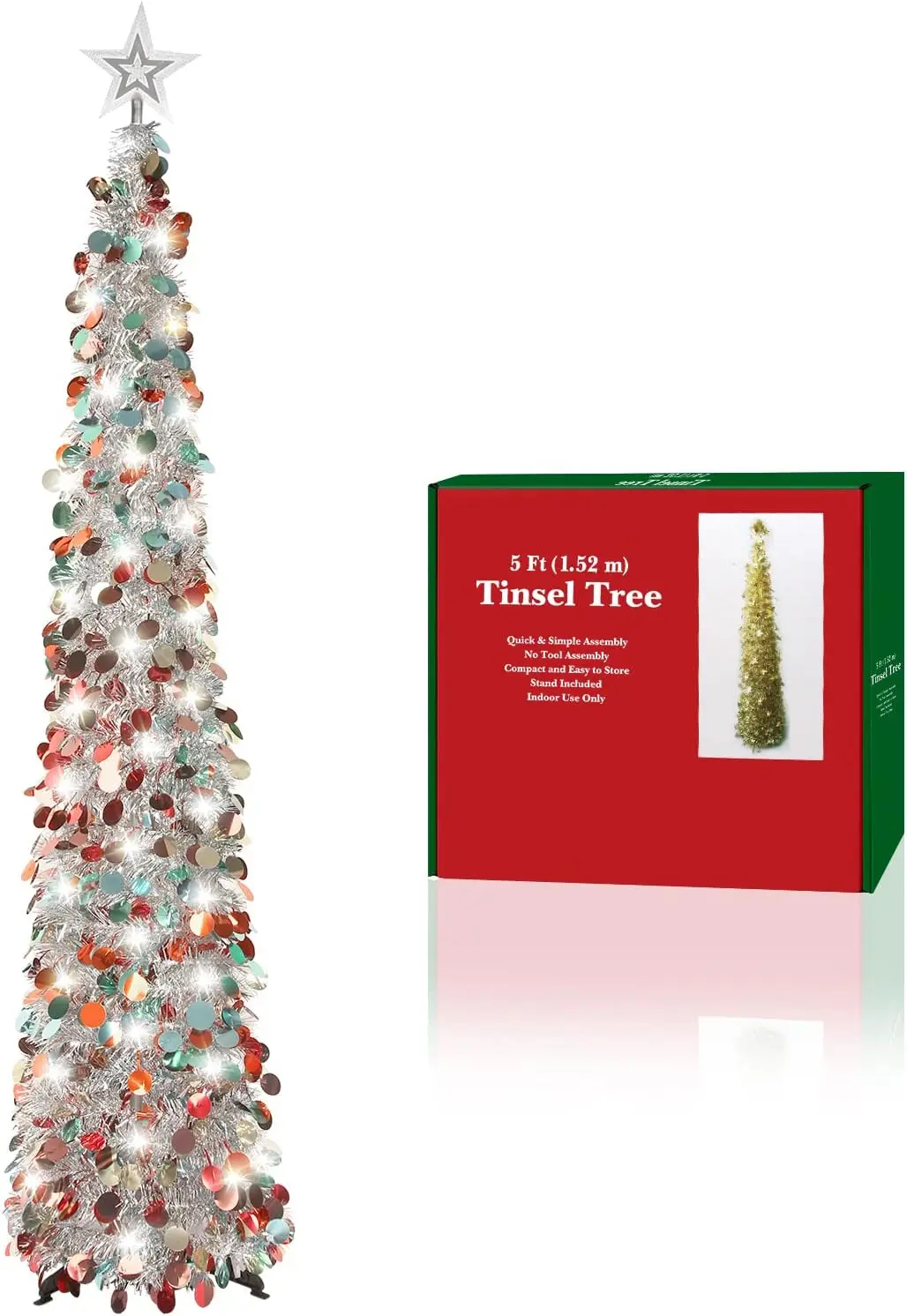 

5FT Pop-Up Christmas Tinsel Tree with 50 LED Lights & Colorful Ornaments, Easy Assembly and Storage