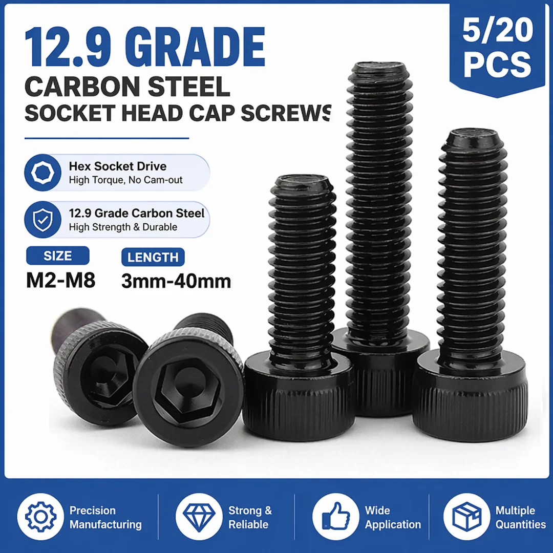 5/20pcs Hexagon Hex Socket Cap Head Screw Bolts M2 M2.5 M3 M4 M5 M6 M8 12.9 Grade Carbon Steel Allen Screw DIN912