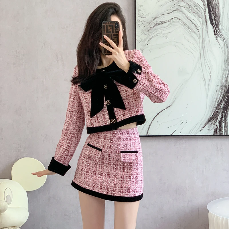 French Small Fragrance Autumn and Winter Tweed Two Piece Plaid Ladies Bow Short Coat + High Waist Mini Skirt Women Elegant Suit