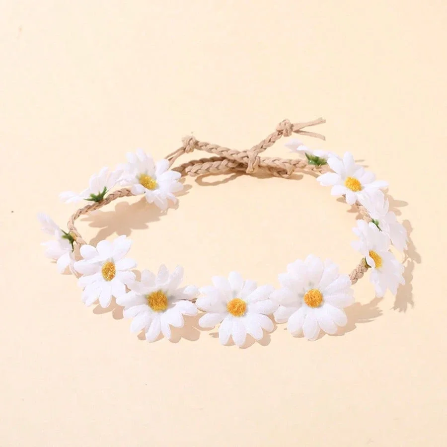 Diadema con corona de flores de margarita trenzada hecha a mano, accesorio floral bohemio para el cabello para bodas en la playa, festivales y sesiones de fotos